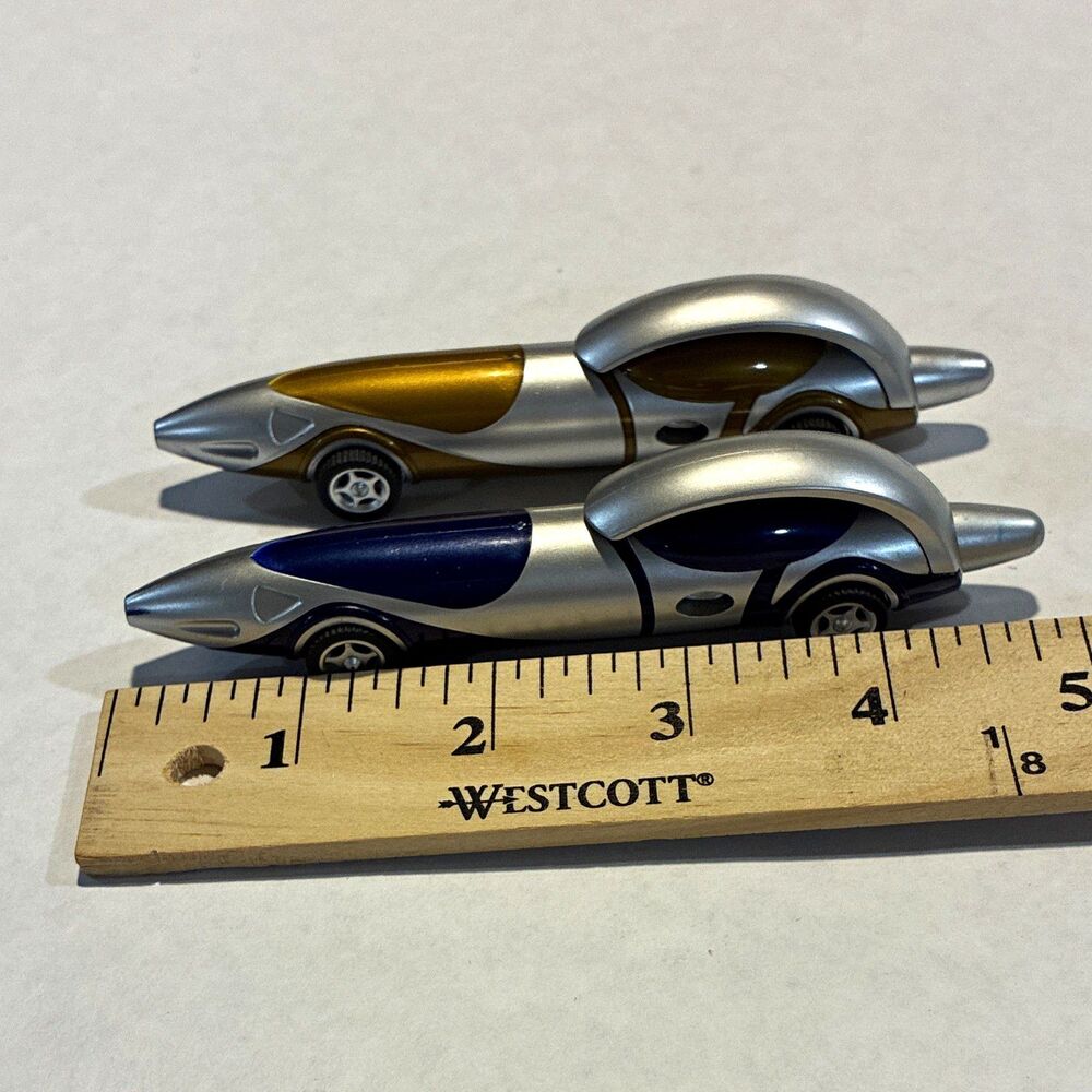 Lot of 2 Car Shaped Novelty Ballpoint Pens Blue Ink Silver w/ Gold Accents